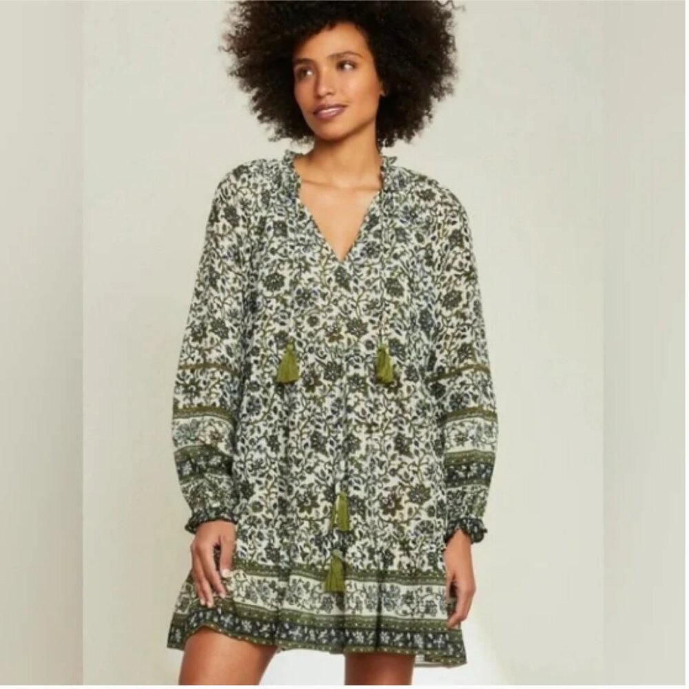 Veronica Beard Olive Green and Cream Floral Long Sleeve Dress